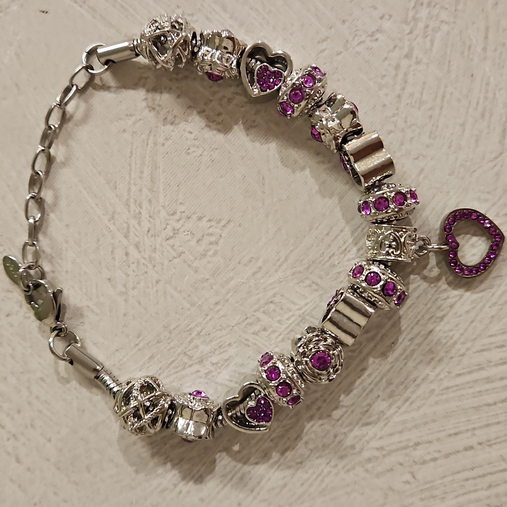 Birthstone bracelet silver tone with charms amethyst dark pink February October - Picture 7 of 10